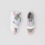 Leather, Suede and Check Nylon Sneakers Pale Grey - Image 3