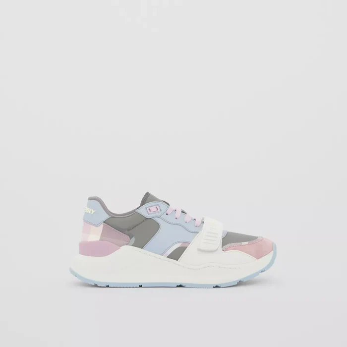 Leather, Suede and Check Nylon Sneakers Pale Grey