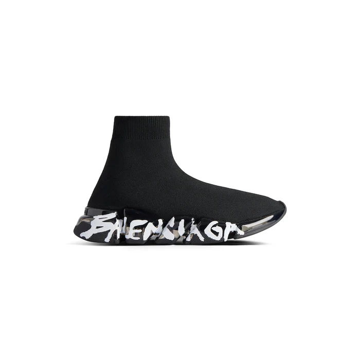 f6ec301b42651a093c9842b35b5f6bfd Speed 2.0 Full Clear Sole Graffiti Sneaker in black and white recycled polyester and elastane - Image 1